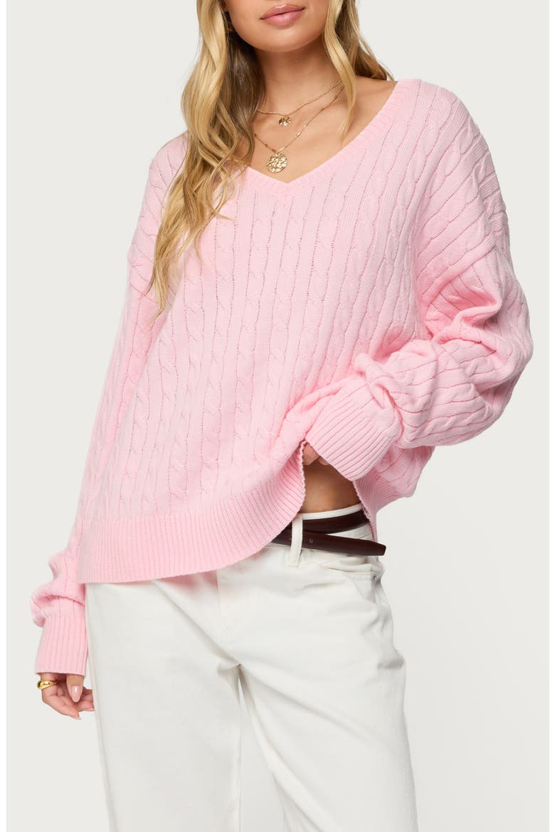 Polly V-Neck Cable Sweater, Main, color, LIGHT-PINK