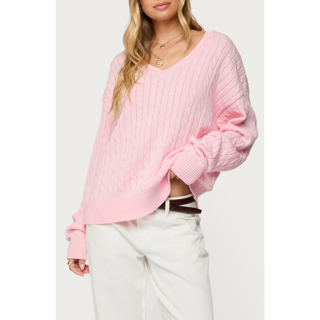 EDIKTED Polly V-Neck Cable Sweater in Light-Pink at Nordstrom, Size Medium