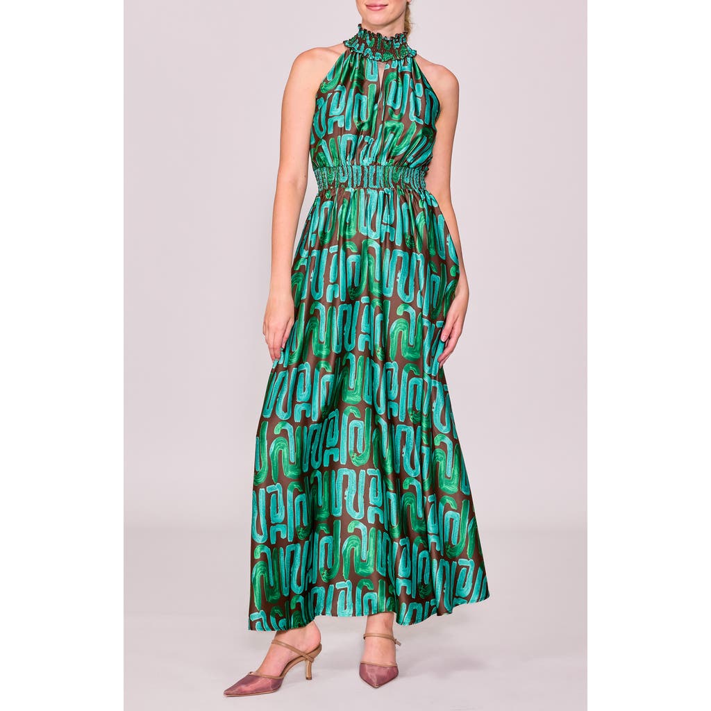 Melloday Abstract Maxi Halter Dress In Green