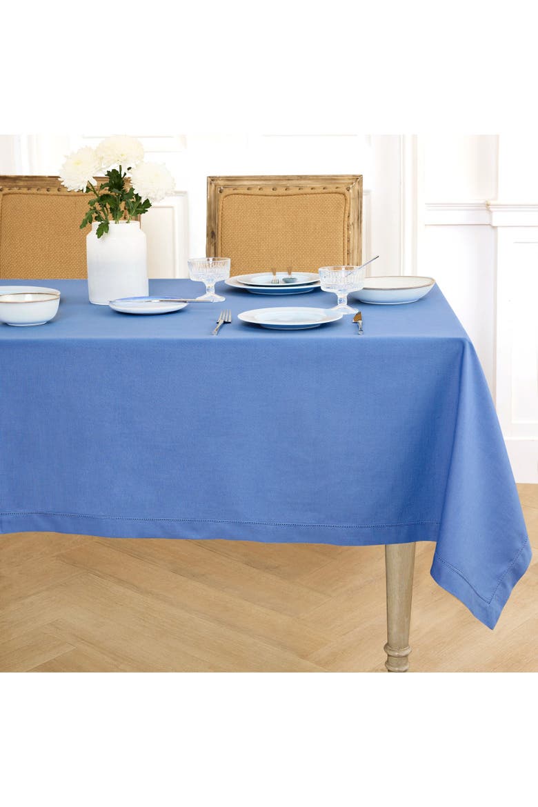 Cotton Linen Hemstitch Tablecloth, Main, color, Dusty Blue