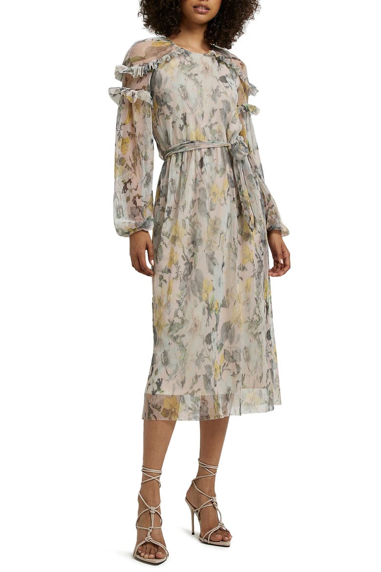 Floral Ruffle Trim Long Sleeve Mesh Plissé Dress, Main, color, CREAM