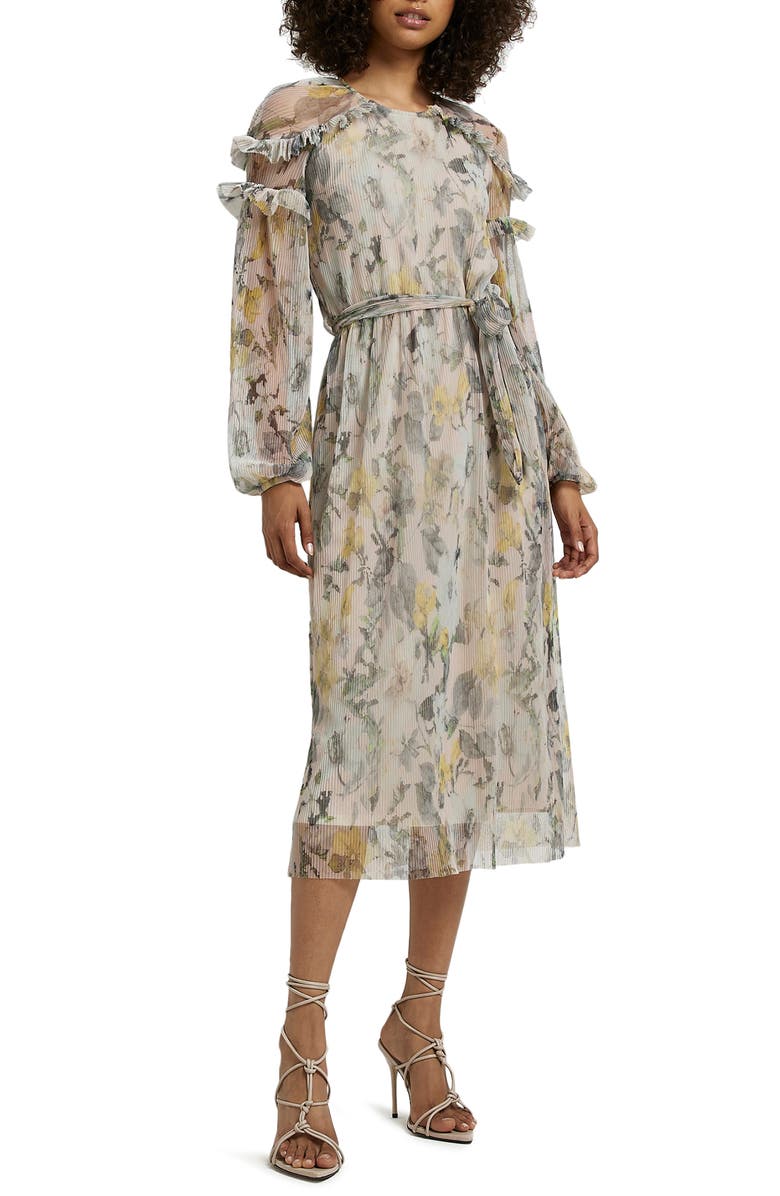 River Island Floral Ruffle Trim Long Sleeve Mesh Plissé Dress, Main, color, 