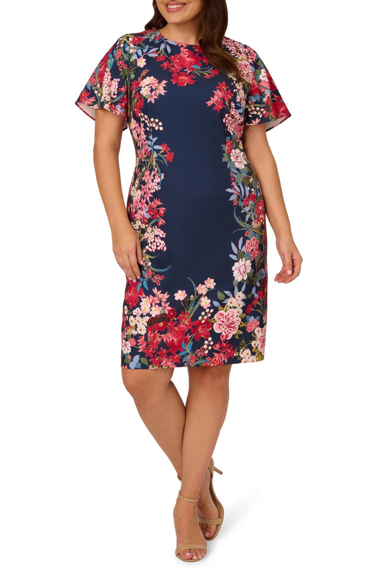 Floral Print Stretch Twill Sheath Dress, Main, color, NAVY MULTI