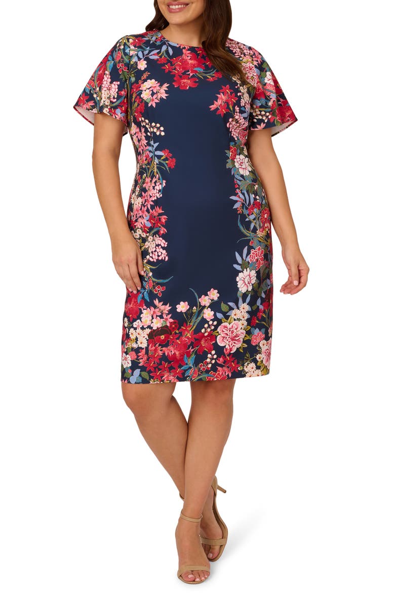 Adrianna Papell Floral Print Stretch Twill Sheath Dress, Main, color, 