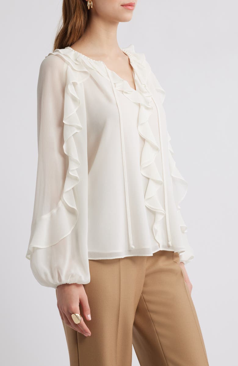 KOBI HALPERIN Ruffle Split Neck Chiffon Top, Alternate, color, Ivory