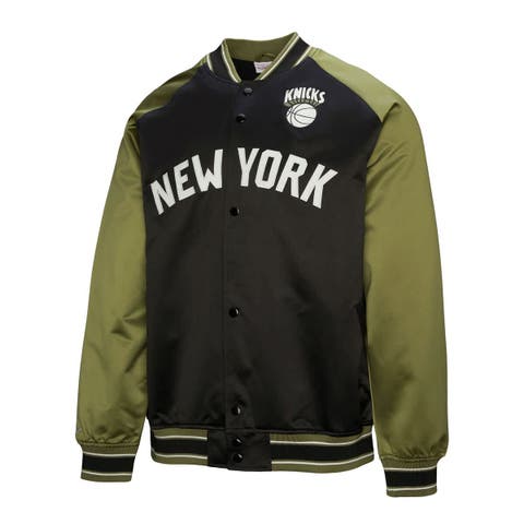 Men's Mitchell & Ness Olive/Black New York Knicks Clutch Satin Raglan Full-Snap Jacket