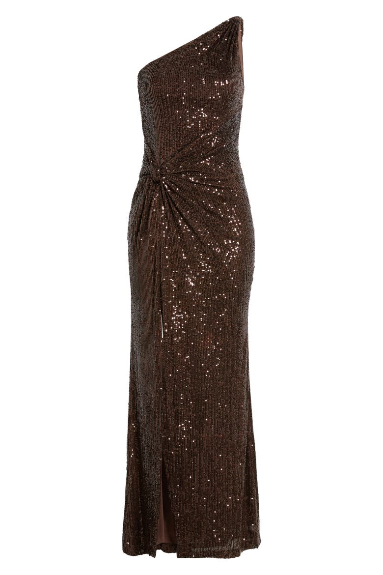 Sequin One-Shoulder Sheath Gown, Alternate, color, CHOCOLATE