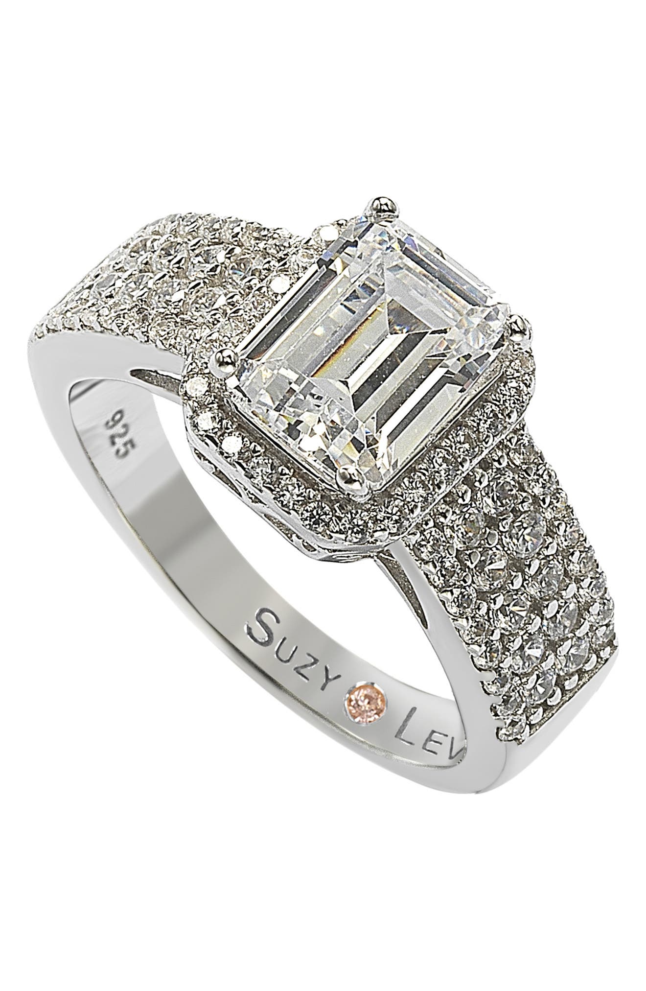 SUZY LEVIAN Sterling Silver Emerald Cut White Cubic Zirconia Halo Bridal Ring