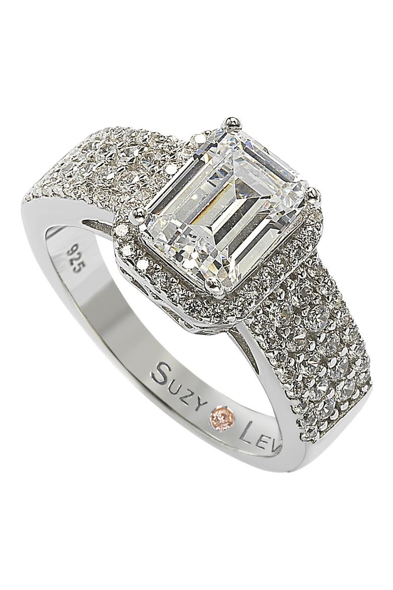 Sterling Silver Emerald Cut White Cubic Zirconia Halo Bridal Ring, Main, color, WHITE