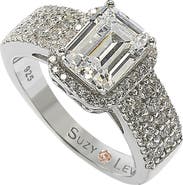 SUZY LEVIAN Sterling Silver Emerald Cut White Cubic Zirconia Halo Bridal Ring