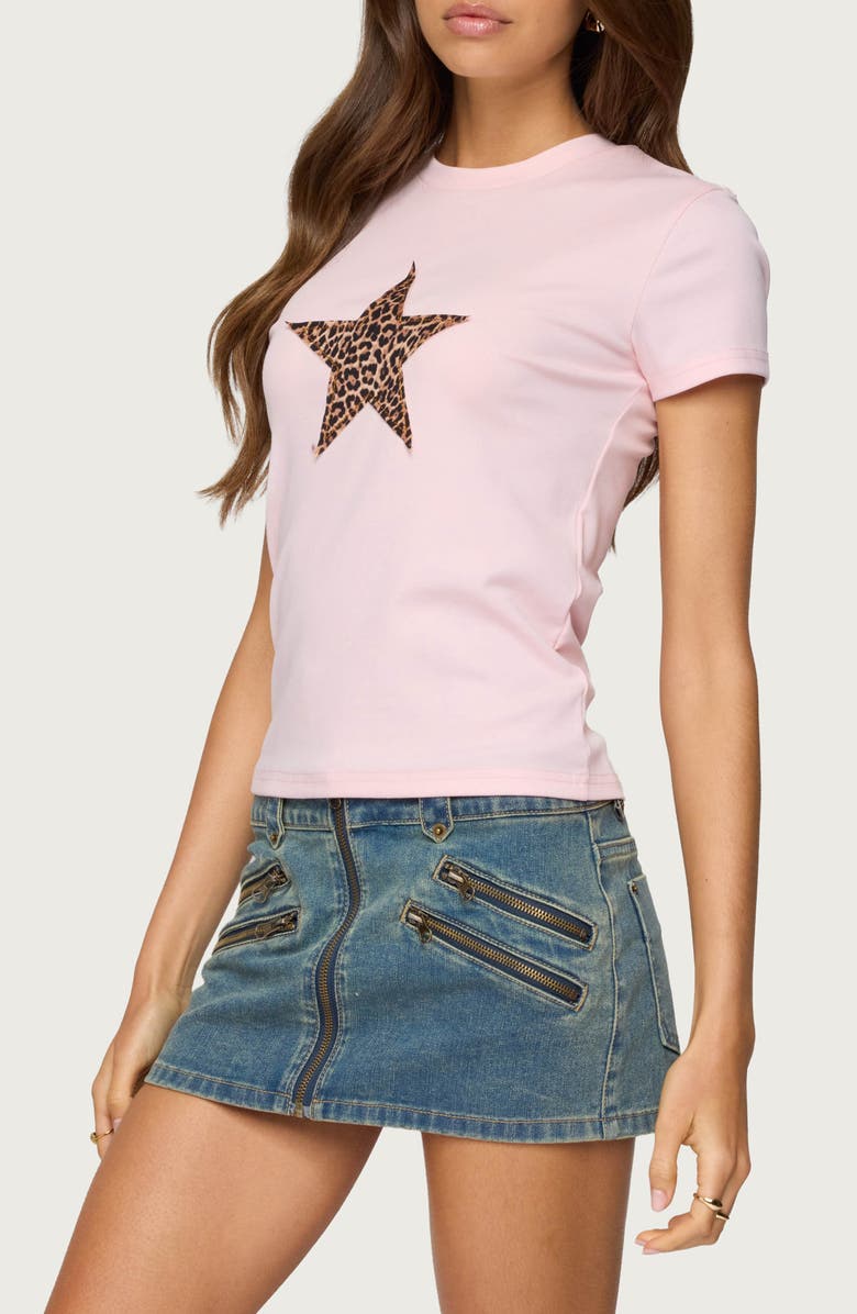 EDIKTED Narla Leopard Print Star Appliqué T-Shirt, Alternate, color, Light-Pink