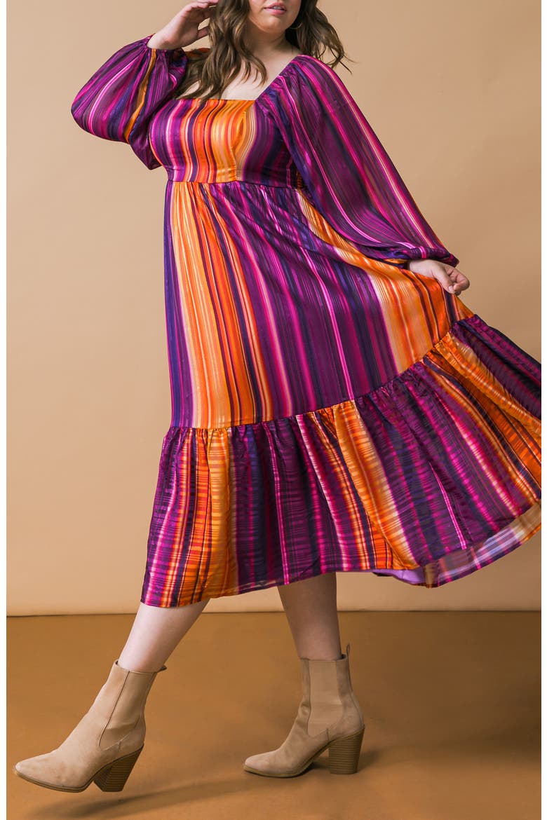 Metallic Stripe Long Sleeve Chiffon Midi Dress, Alternate, color, PURPLE ORANGE
