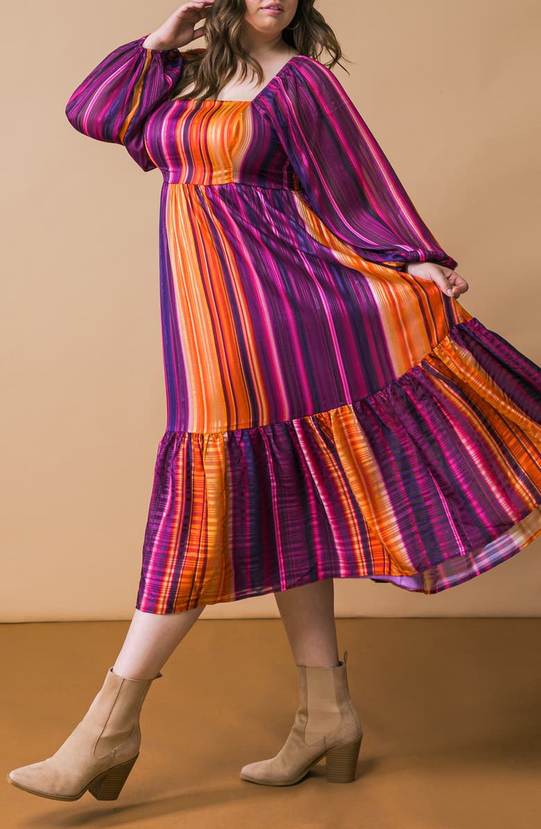 FLYING TOMATO Metallic Stripe Long Sleeve Chiffon Midi Dress, Alternate, color, Purple Orange