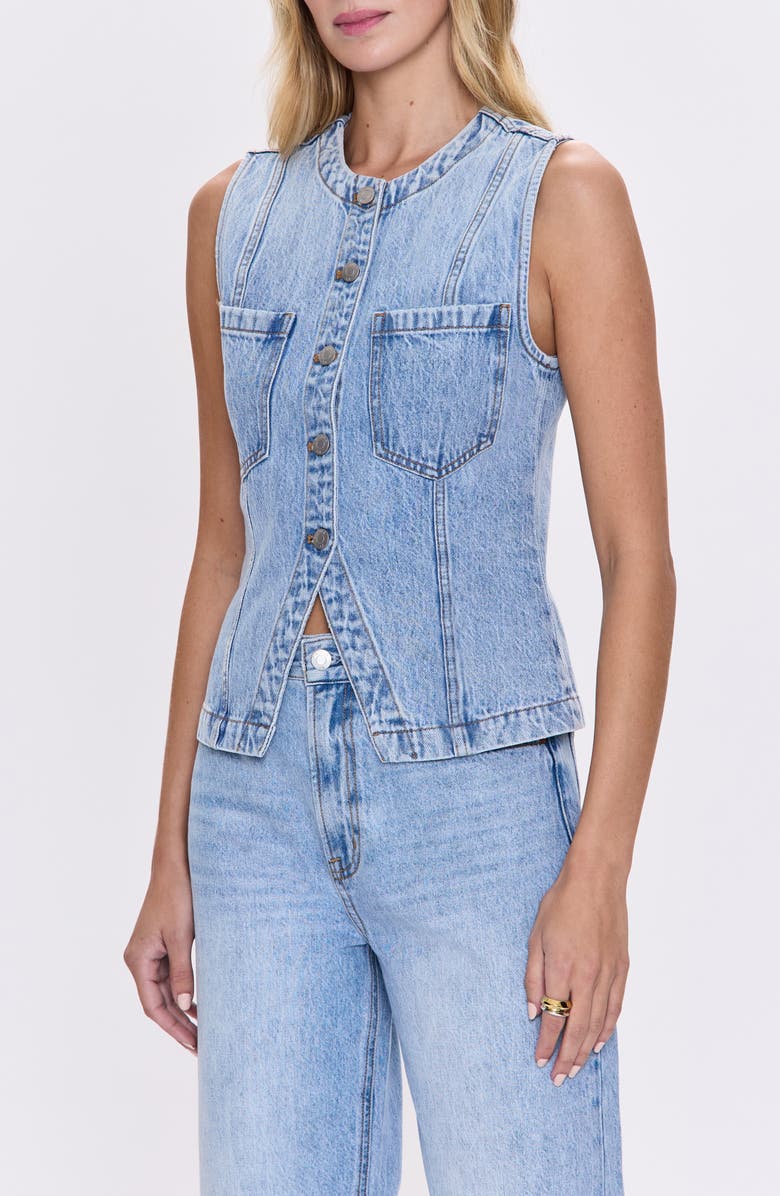 Pistola Gia Fitted Collarless Denim Vest, Alternate, color, Gaze