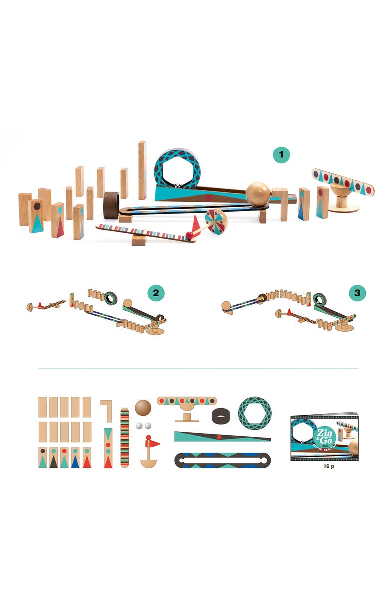 Djeco Zig N Go 29-Piece Chain Reaction Wooden Building Game, Alternate, color,