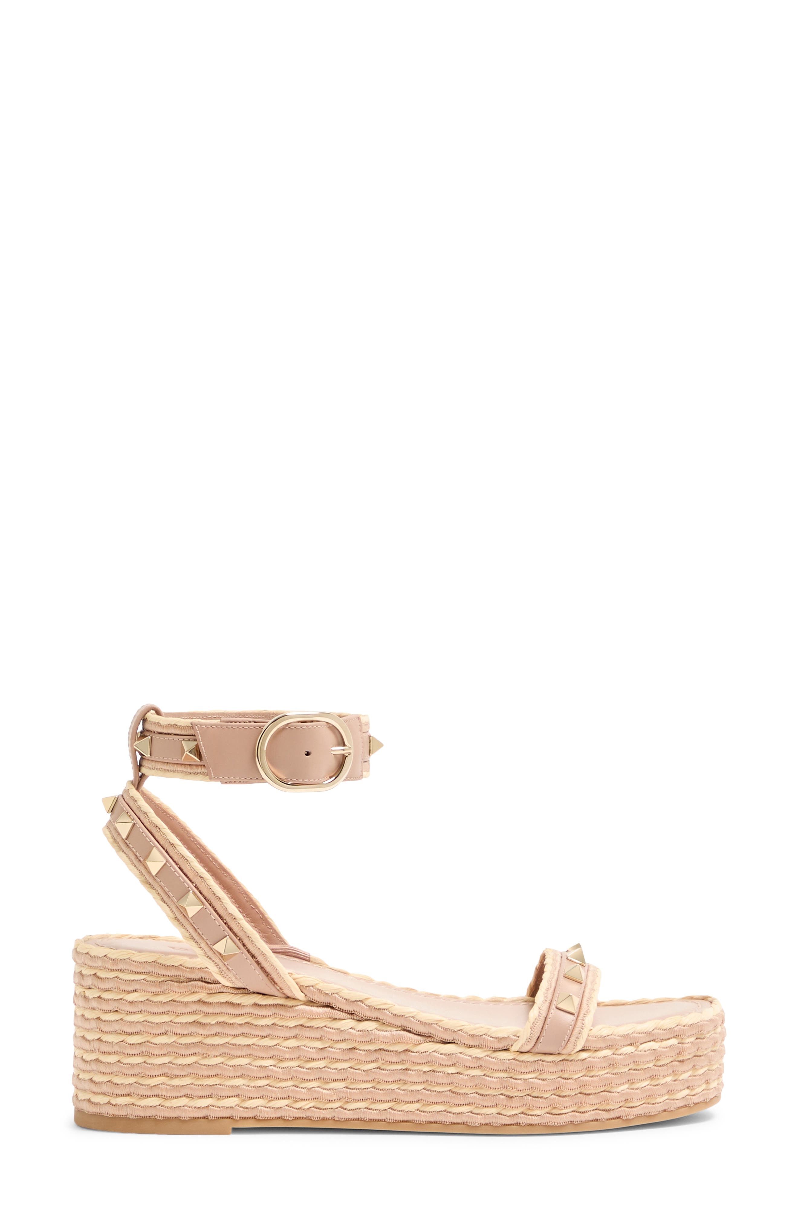 Valentino Rockstud Ankle Strap Espadrille Platform Sandal, Alternate, color, Rose