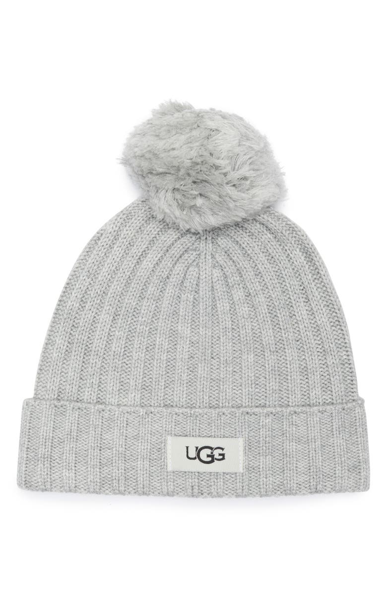 UGG<sup>®</sup> Kids' Ribbed Wool Blend Pompom Beanie, Main, color, Grey Heather
