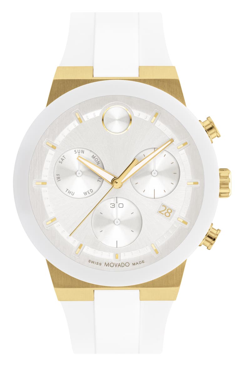 Bold Fusion Chronograph Silicone Strap Watch, 44mm, Main, color, GOLD / WHITE