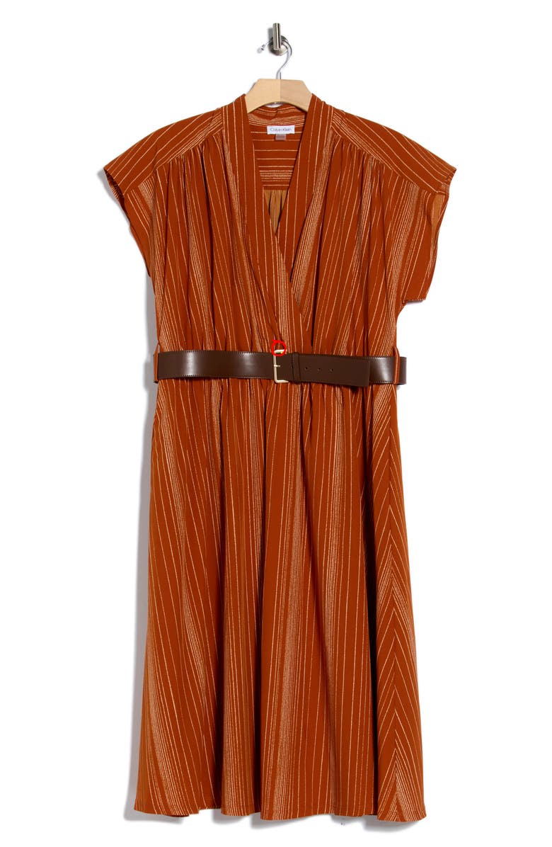 Calvin Klein Stripe Surplice V-Neck Belted Wrap Dress, Alternate, color, Terra/ White