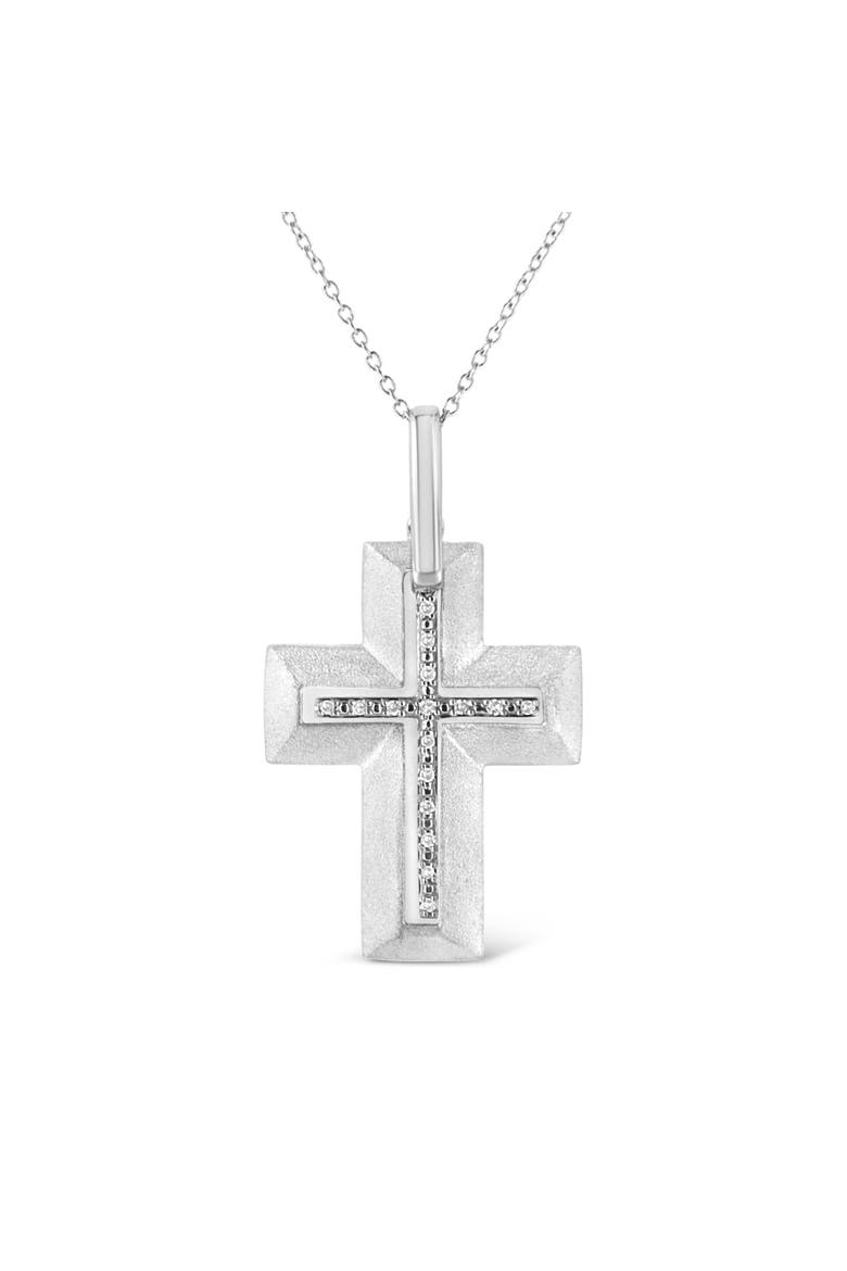 .925 Sterling Silver Prong-Set Diamond Accent Bold Cross Pendant Necklace, Main, color, White