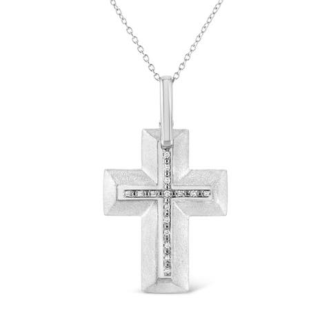 .925 Sterling Silver Prong-Set Diamond Accent Bold Cross Pendant Necklace