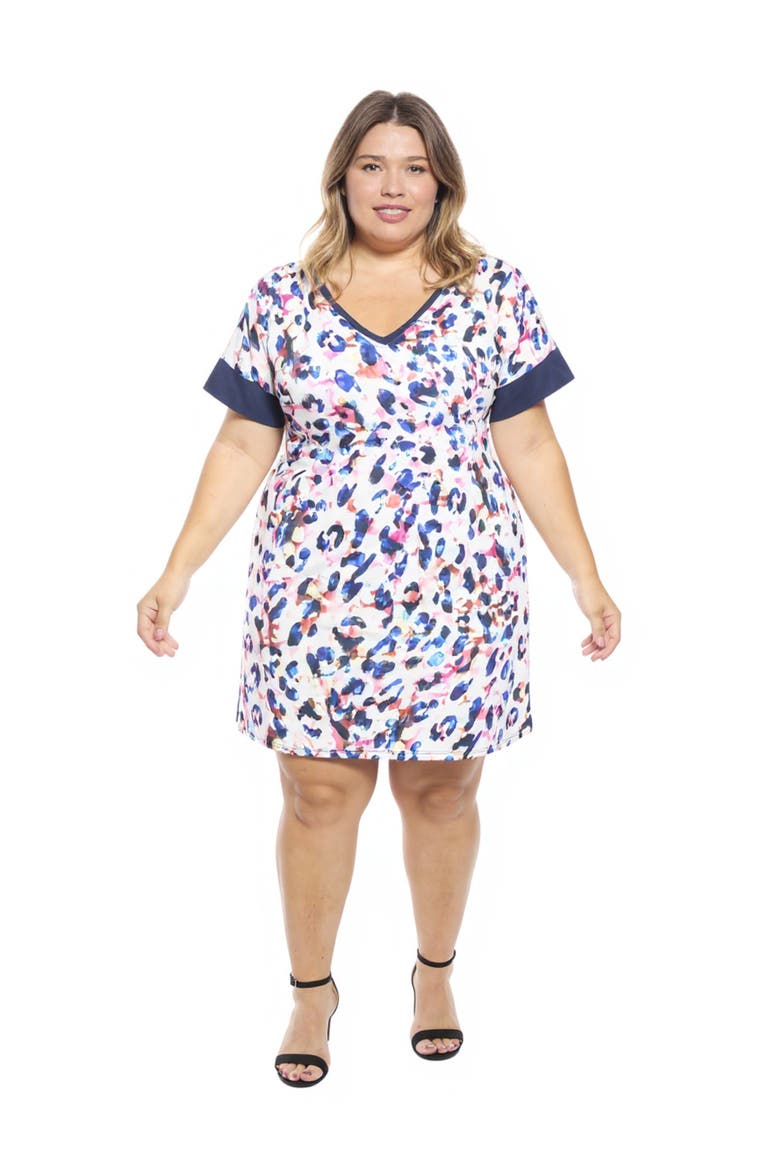 Plus Size Abstract Short Sleeve Knee Length T-Shirt Dress, Main, color, White Multi