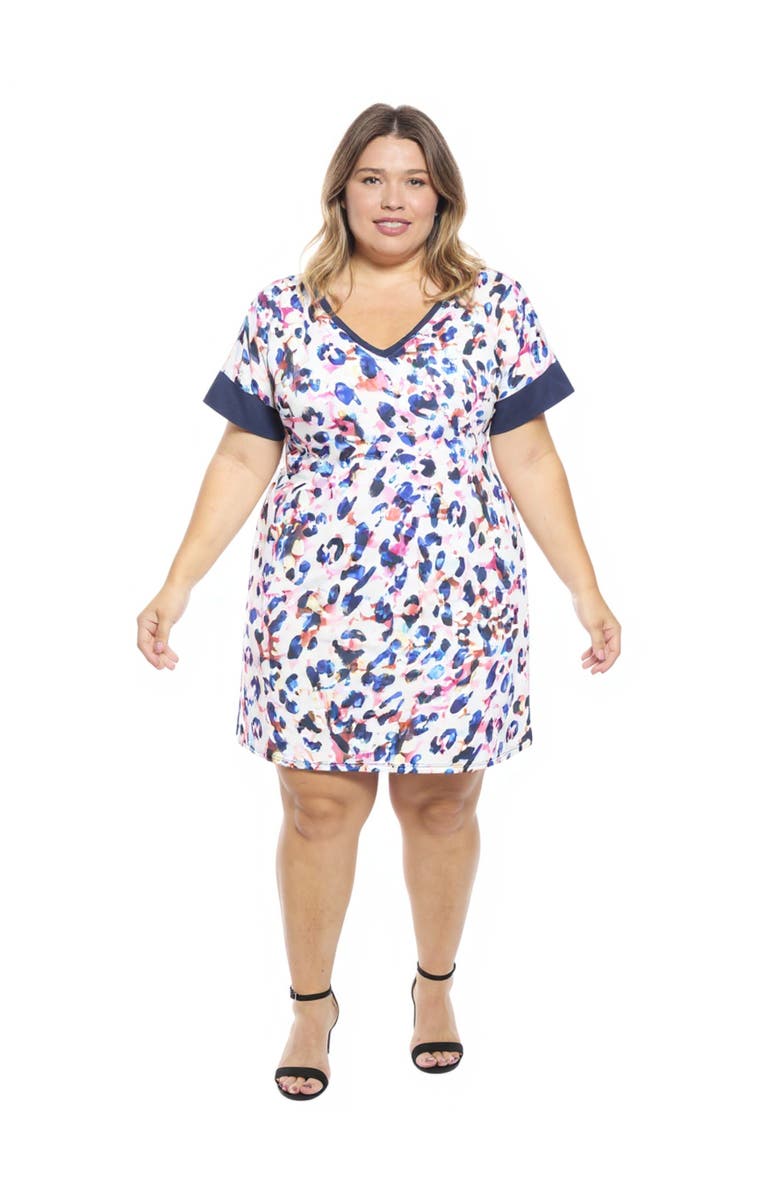 24seven Comfort Apparel Plus Size Abstract Short Sleeve Knee Length T-Shirt Dress, Main, color, White Multi