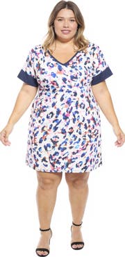 24seven Comfort Apparel Plus Size Abstract Short Sleeve Knee Length T-Shirt Dress
