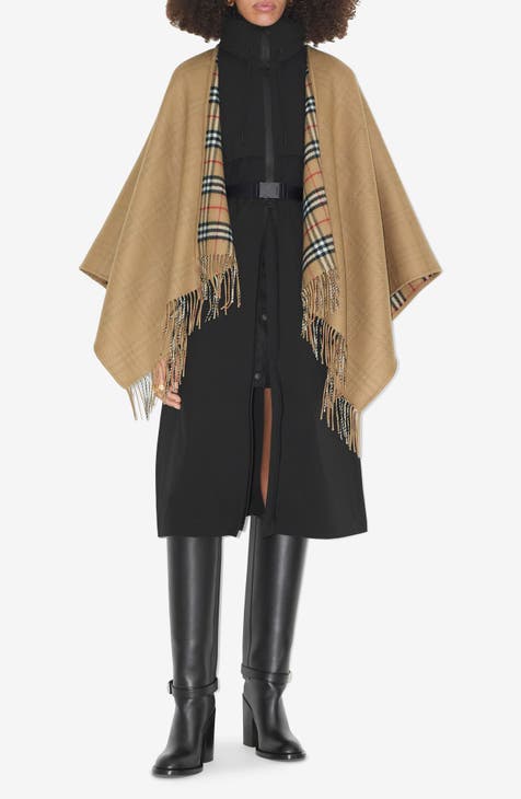 Hooded Burberry London Authentic Wool Fringe Zip sold Nova Check Poncho Cape Sweater