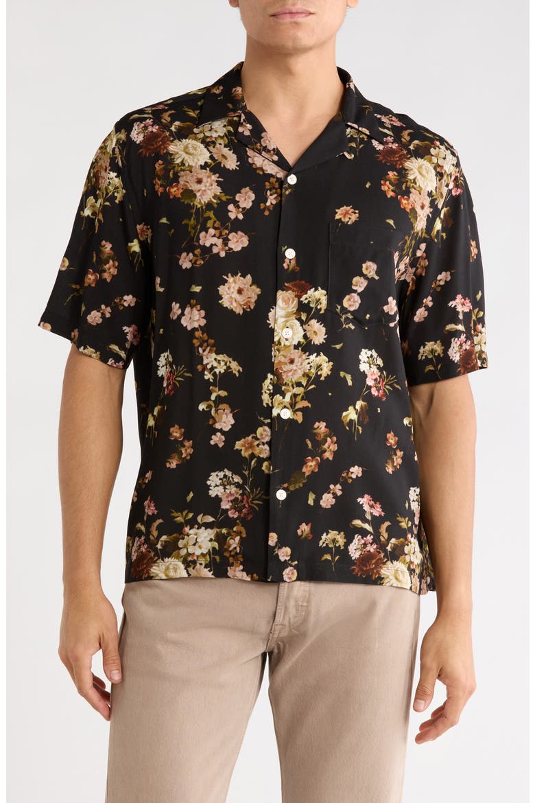Armada Floral Linen & Cotton Camp Shirt, Main, color, JET BLACK