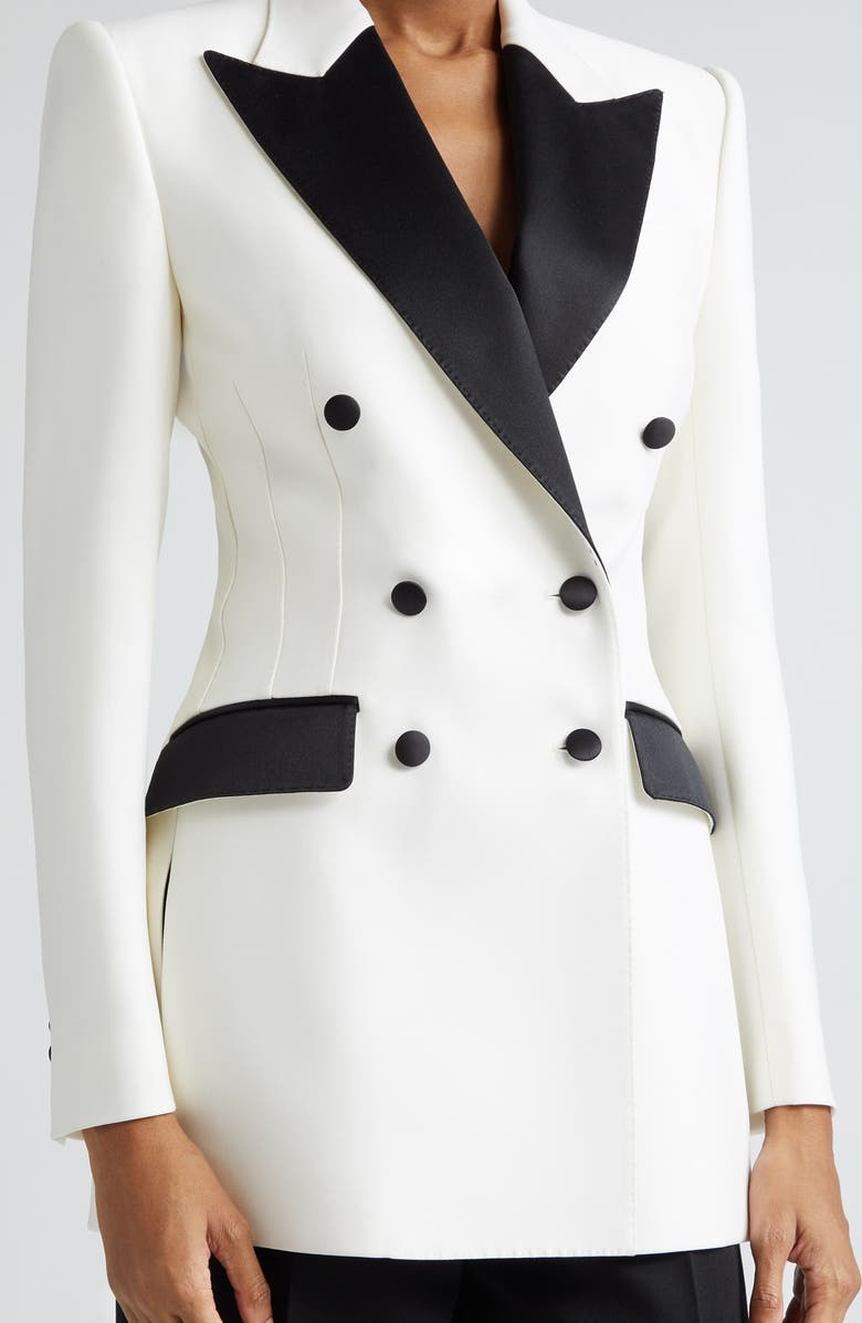 Dolce&Gabbana Contrast Detail Double Breasted Wool Blend Blazer, Alternate, color, Bianco Ottico