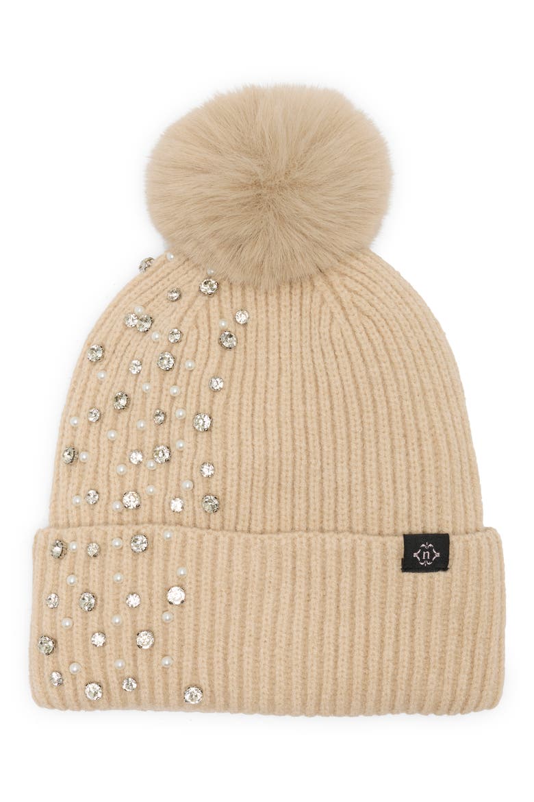 Stud Pom Beanie, Main, color, BEIGE