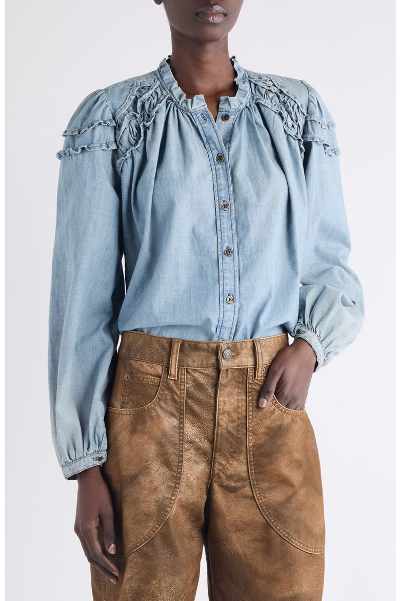 Milya Ruffle Denim Button-Up Shirt, Main, color, BLUE