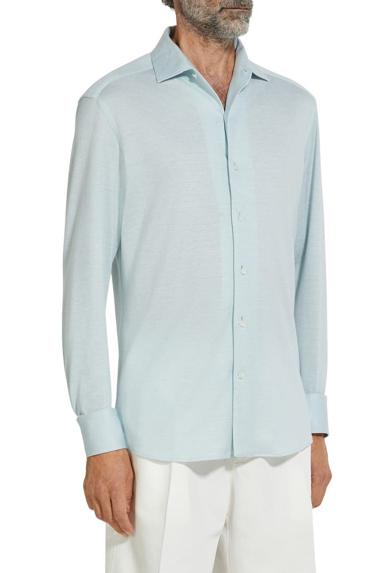 Crossover Silk, Linen & Cotton Button-Up Shirt, Main, color, BRIGHT BLUE SOLID