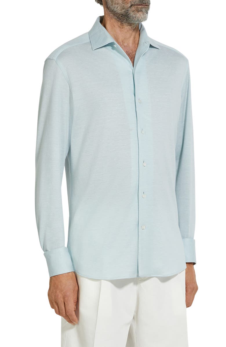 ZEGNA Crossover Silk, Linen & Cotton Button-Up Shirt, Main, color, Bright Blue Solid