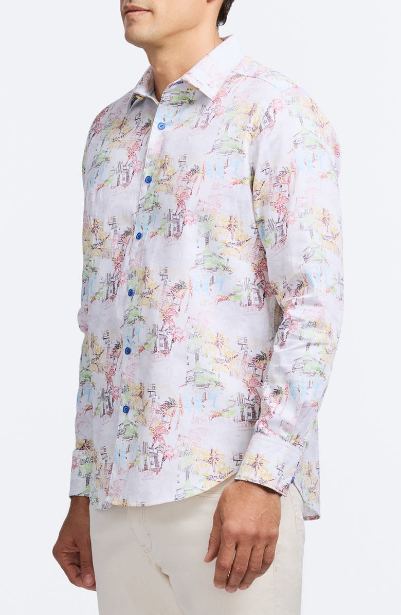 Robert Graham Payson Tropical Villa Print Stretch Cotton Button-Up Shirt, Alternate, color, Multi White