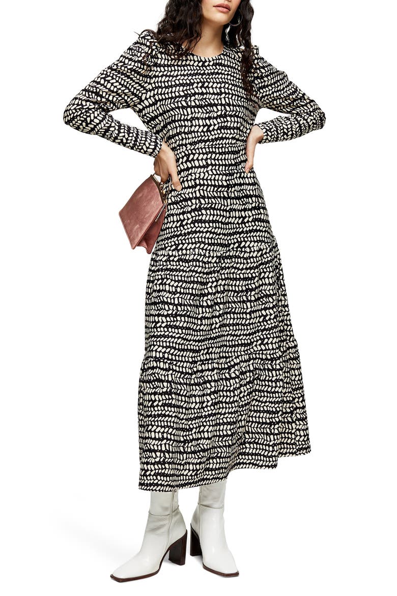 Abstract Tiered Long Sleeve Midi Dress, Main, color, BLACK MULTI