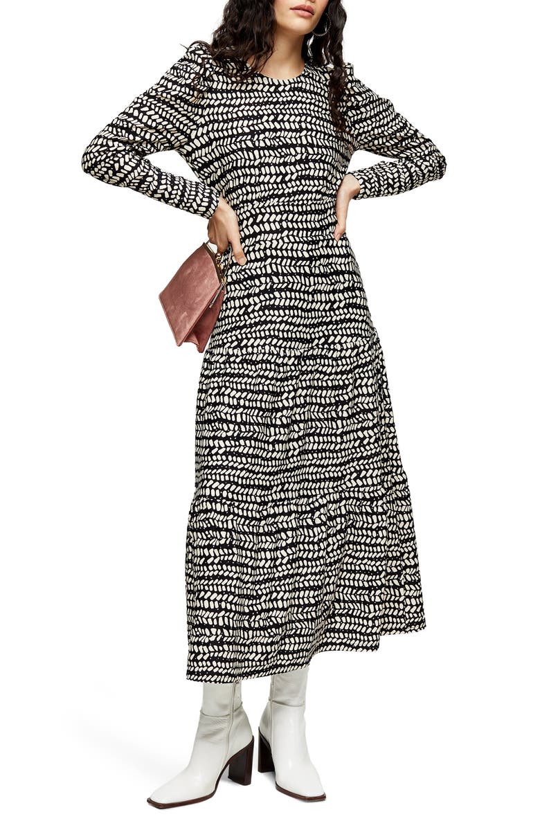 Topshop Abstract Tiered Long Sleeve Midi Dress, Main, color, 