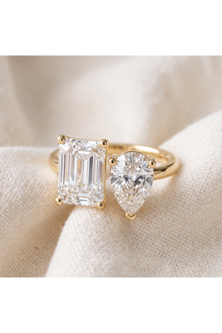 4.60Ct Pear & Emerald Toi et Moi Diamond Ring 14k Gold Lab Grown, Alternate, color, 14k Yellow Gold