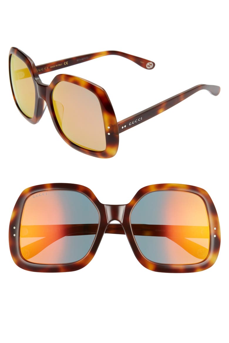 58mm Irregular Square Sunglasses, Main, color, HAVANA/ ORANGE MIRROR