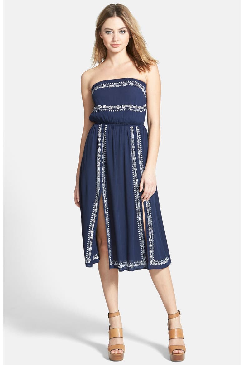 ASTR Embroidered Strapless Dress, Main, color, NAVY