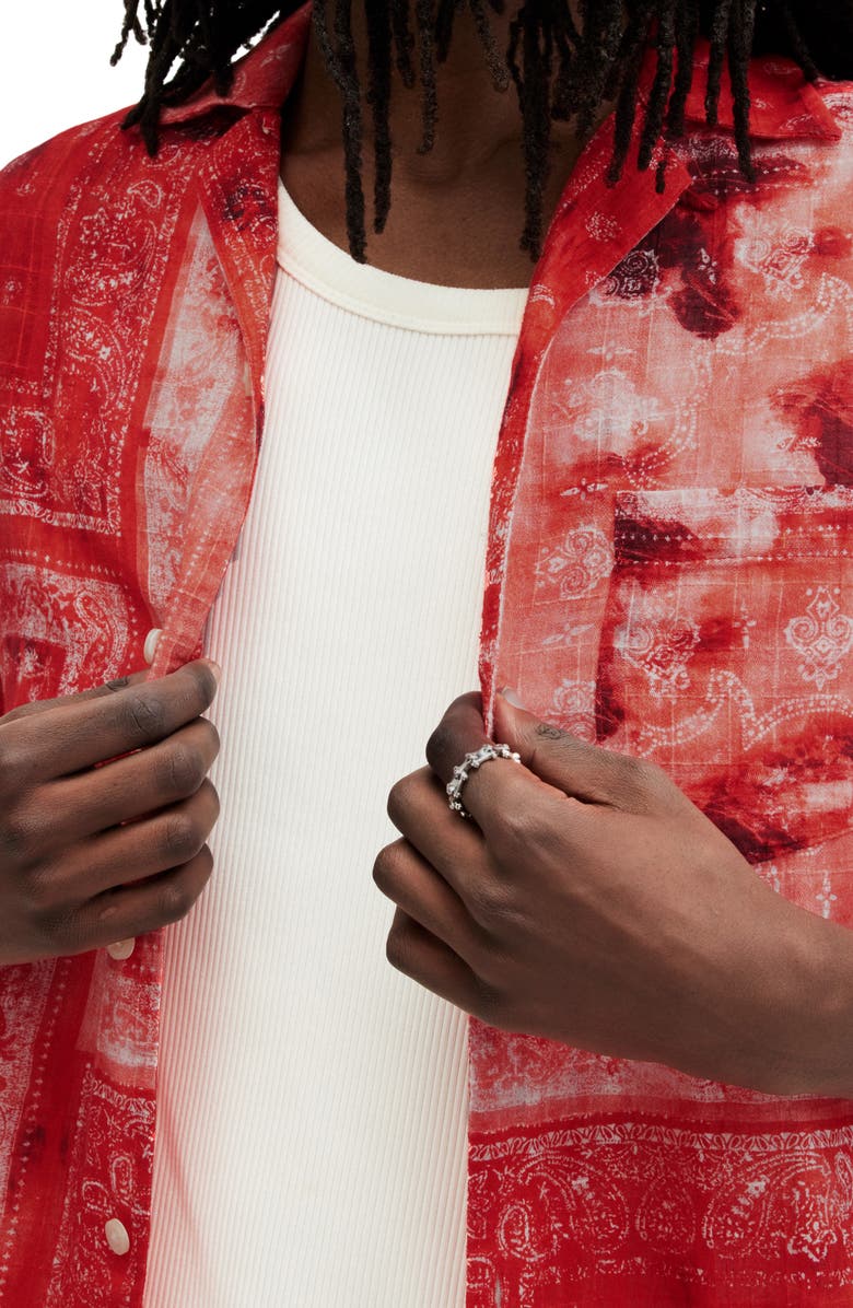 AllSaints Tijuana Bandana Print Short Sleeve Cotton Button-Up Shirt, Alternate, color, Apple Red