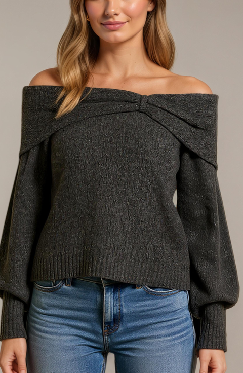 Off-Shoulder Sweater with Twisted Neckline and Balloon Sleeves