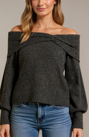 Modenaire Off-Shoulder Sweater with Twisted Neckline and Balloon Sleeves