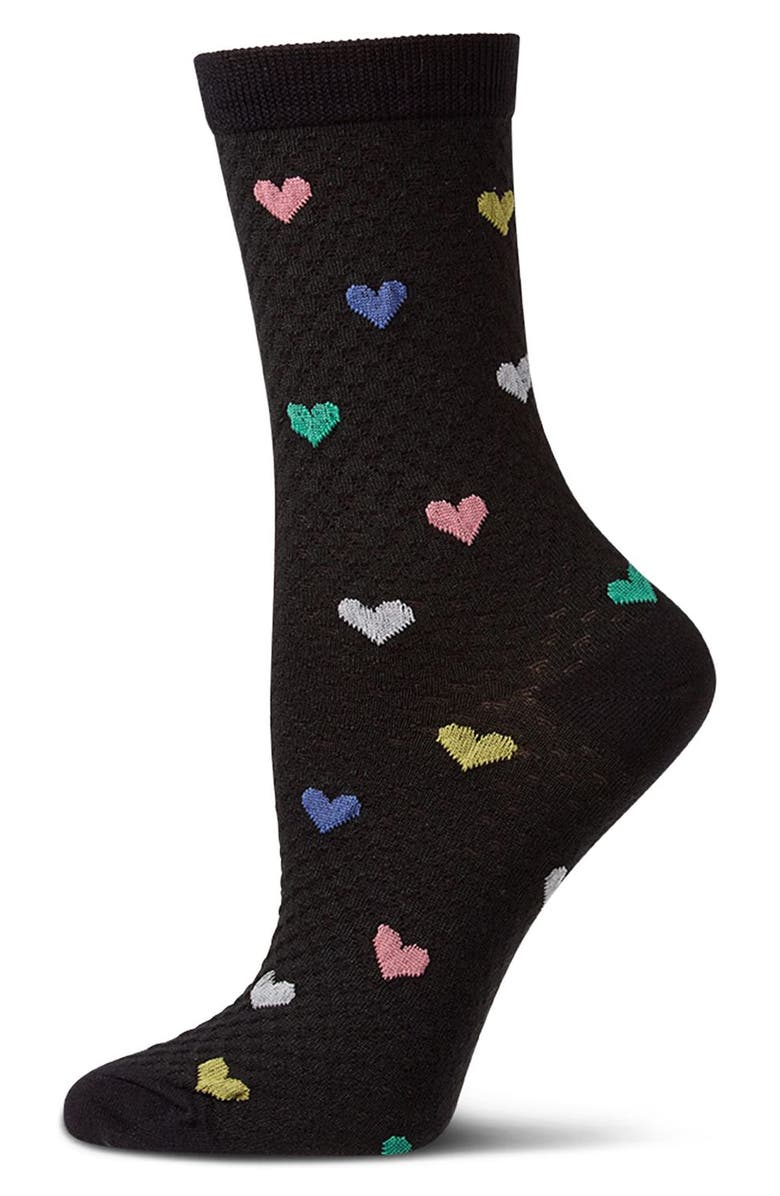 MeMoi Colorful Hearts Cotton Blend Crew Socks, Main, color, Black