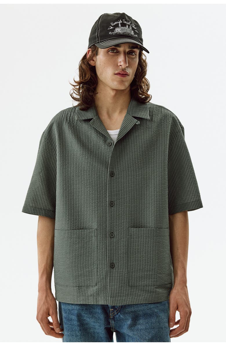 H&M Relaxed Fit Short-sleeved Resort Shirt, Alternate, color, Khaki Green/Checked