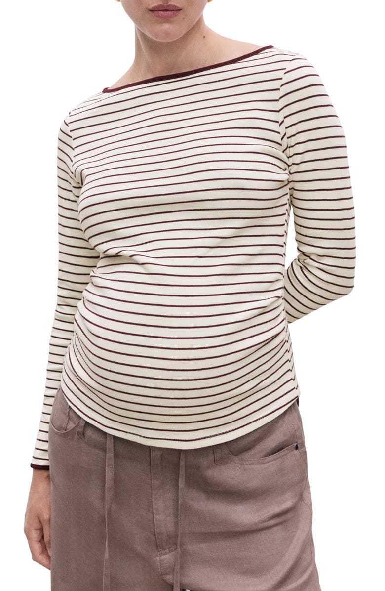 MANGO Boat Neck Long Sleeve Cotton Maternity Top, Main, color, Ivory/ Burgundy Stripe