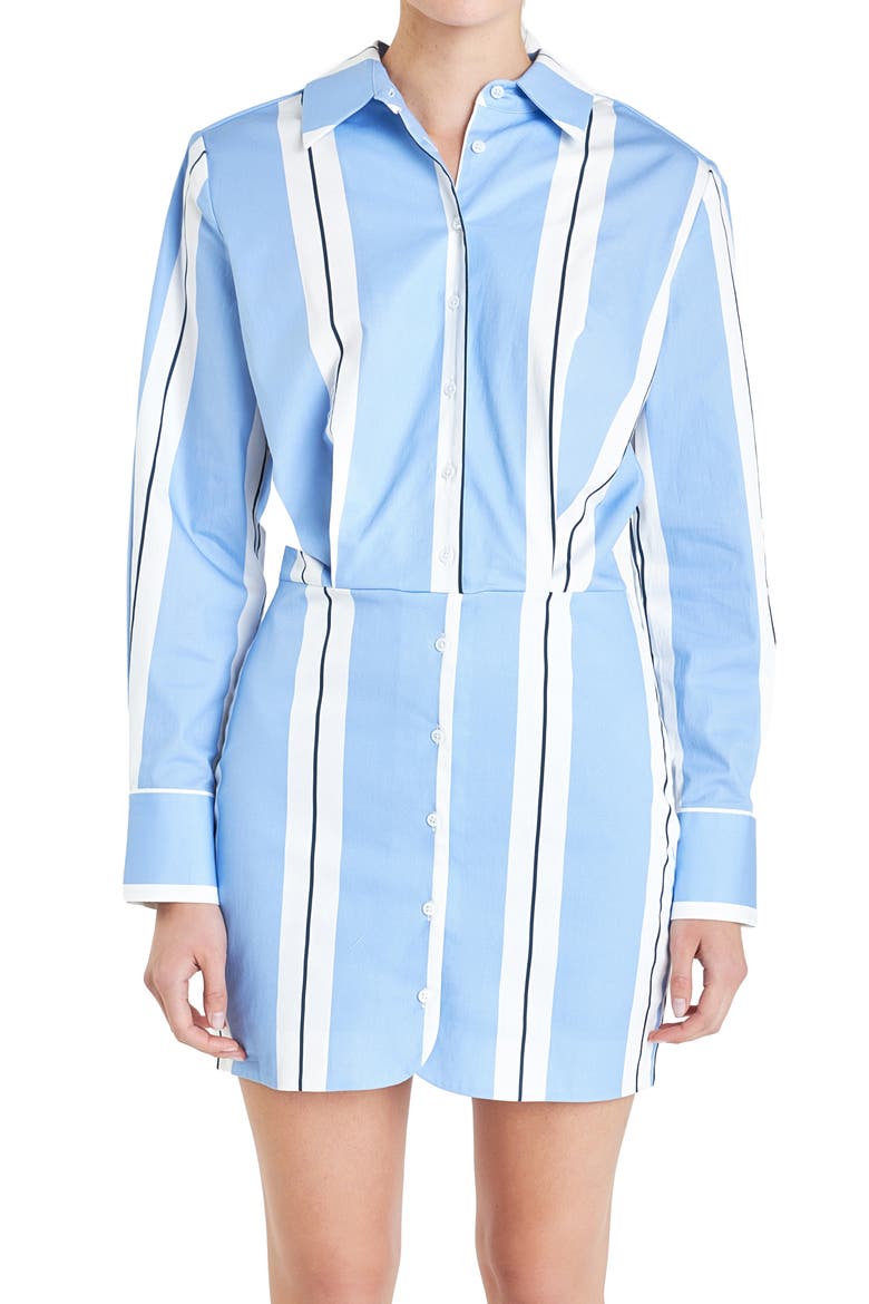 Stripe Power Shoulder Long Sleeve Shirtdress, Alternate, color, POWDER BLUE/ WHITE
