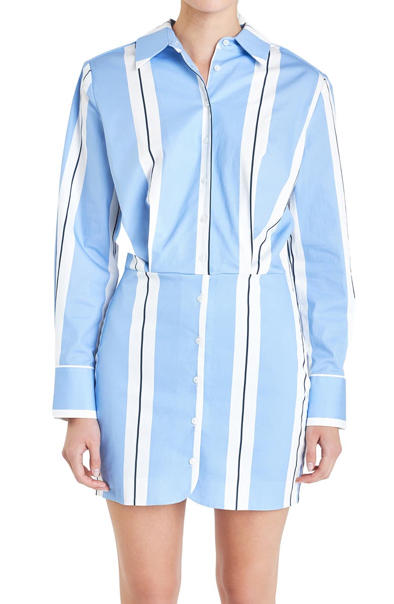 Grey Lab Stripe Power Shoulder Long Sleeve Shirtdress, Alternate, color, Powder Blue/ White