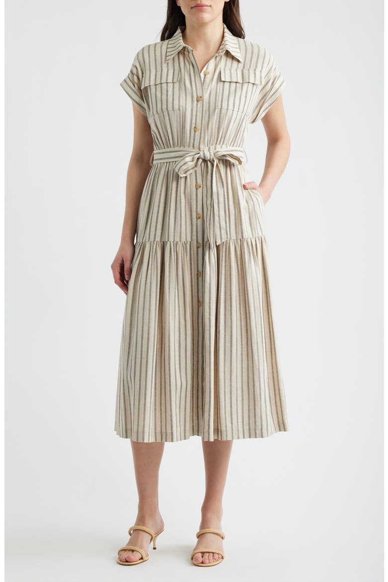 Stripe Belted Linen Midi Shirtdress, Main, color, LIGHT TAUPE